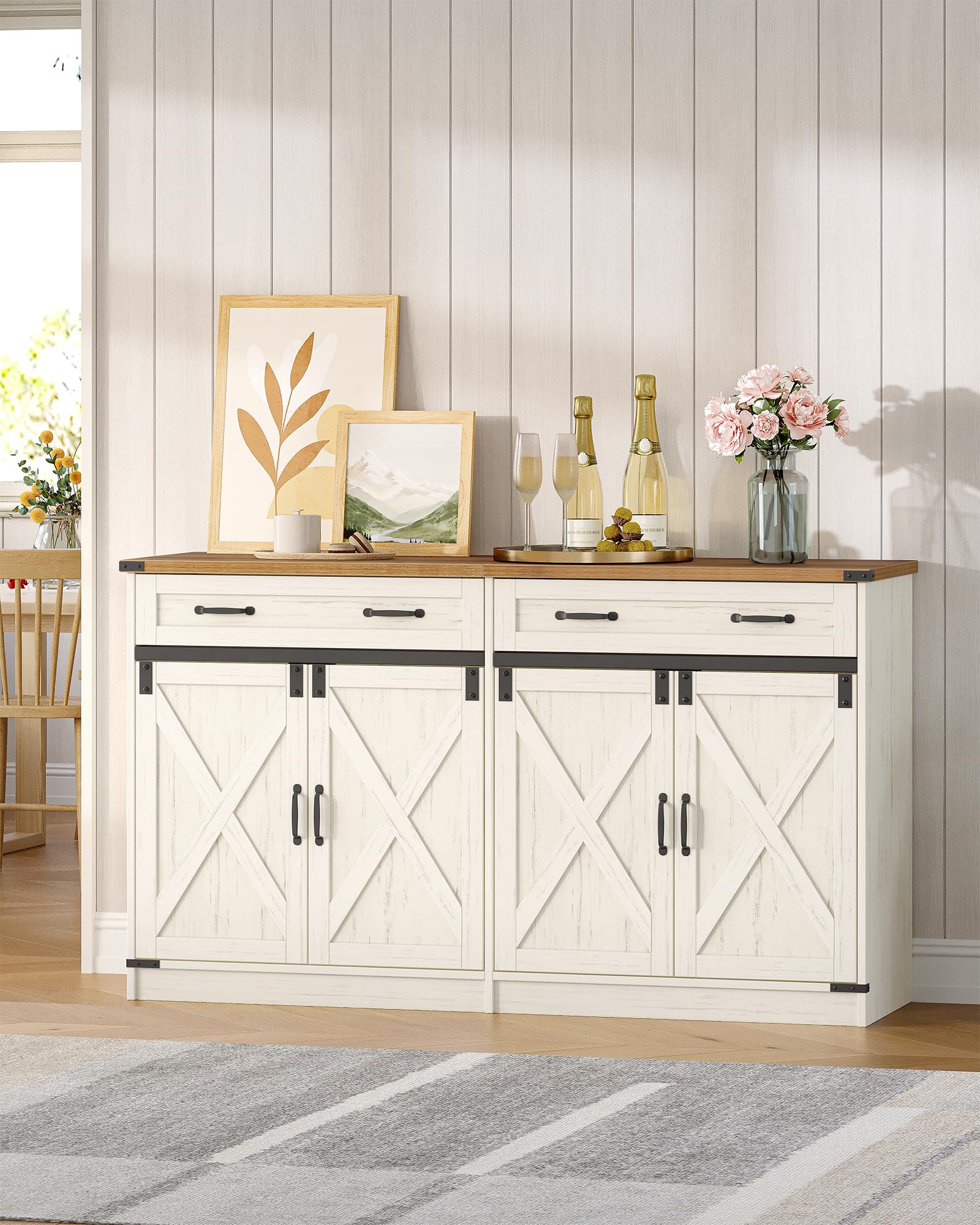 Hzuaneri Küchenschrank, Buffetschrank mit 2 Schublade, Sideboard mit 4 Türen, Verstellbare Einlegeböden, Landhausstil, Küche, Wohnzimmer, 40 x 140 x 80 cm, Vintageweiß-honigbraun, SC94814X