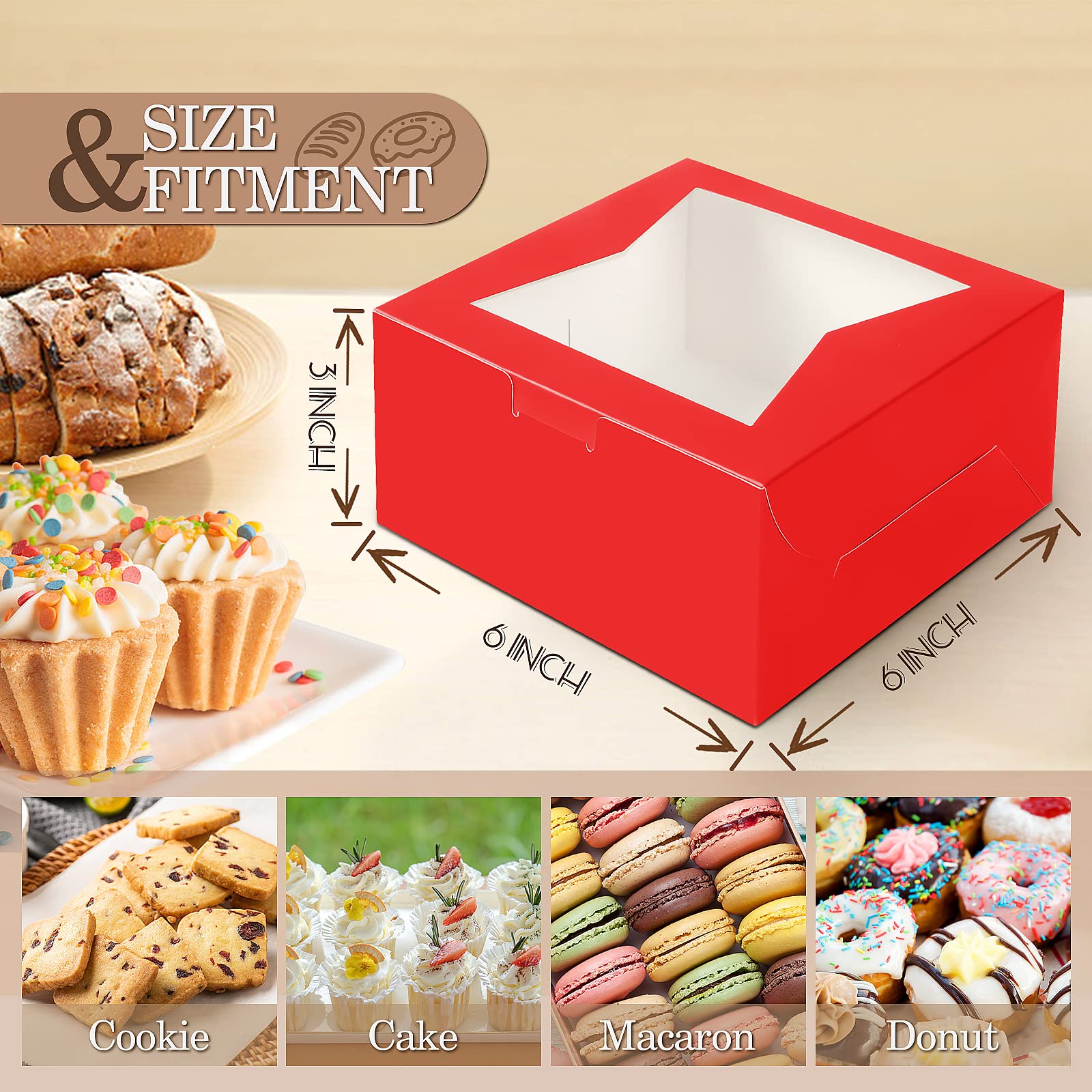 KPOSIYA 65 cajas de panadería con ventana de 6 x 6 x 3 pulgadas, 5 cajas de galletas pequeñas para dulces, postres, pasteles, donas, fiesta de cumpleaños, boda (rojo)