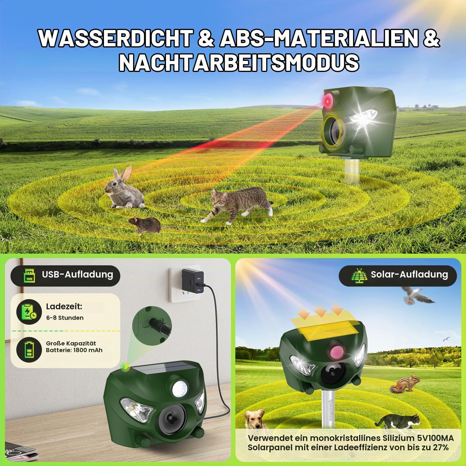 Katzenschreck Ultraschall, 5 Modi Solar Katzenschreck für Gärten, 26 Fuß Tiervertreiber mit Alarmton und Blitzlichtern, für Hunde, REH, Fuchs, Vogel, Kaninchen, Eichhörnchen