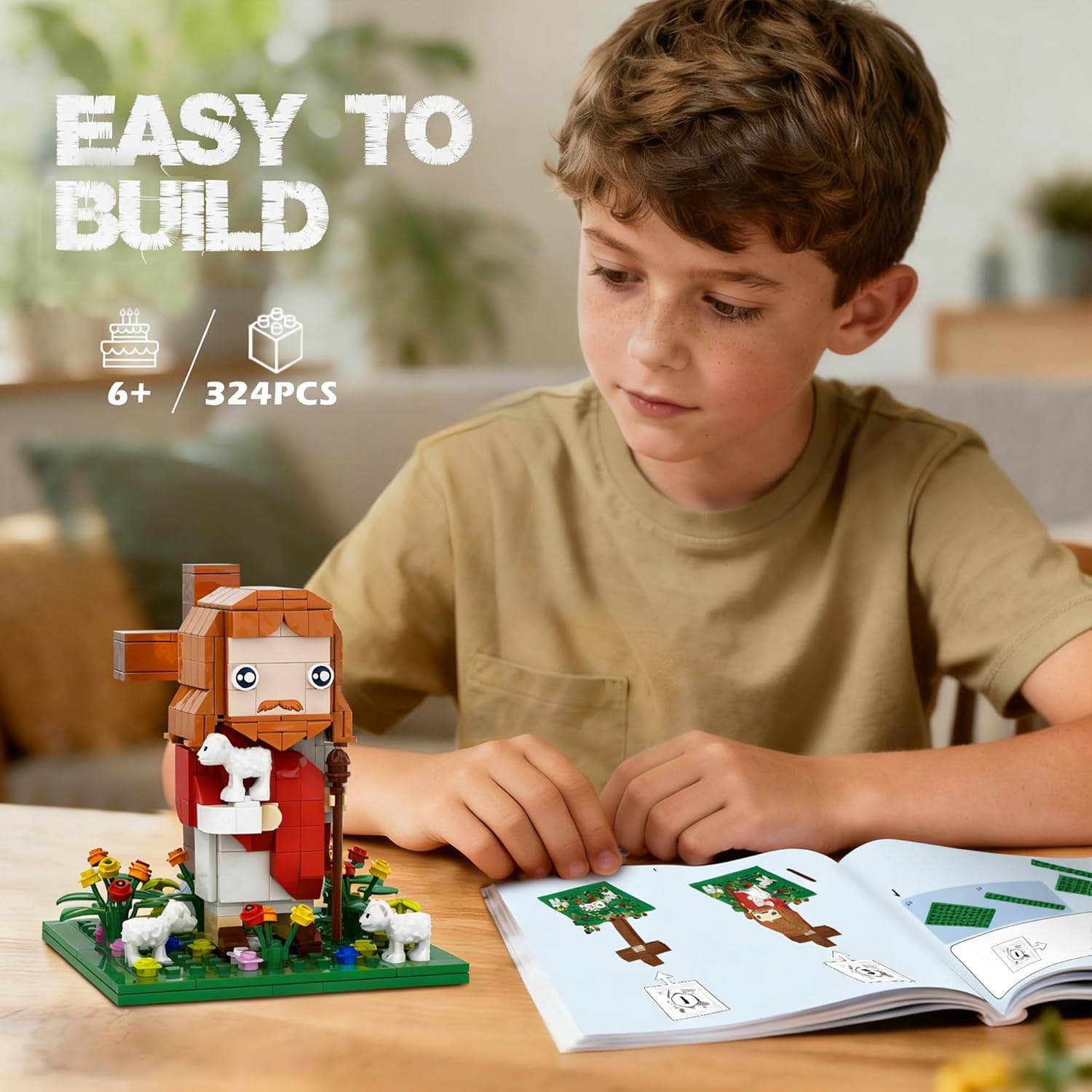 Jesus Building Set with Light - Jesus, Light-Up Cross, Sheep, Flower Clusters - Inspirational Christian Blocks Compatible with Lego, Easter Christian Birthday Gift for Kids Adults (324PCS)