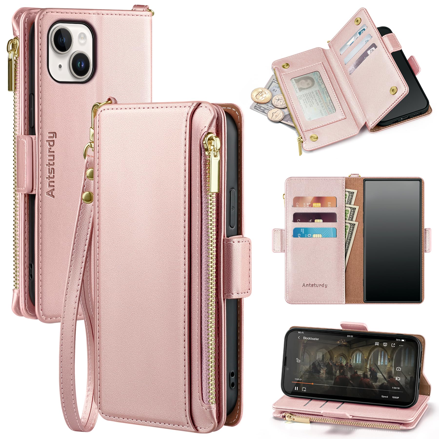 Antsturdy Compatible with iPhone 15 Wallet Case Card Holder【RFID Blocking】 PU Leather Phone Case Women Men flip Protective Cover Wrist Strap Zipper