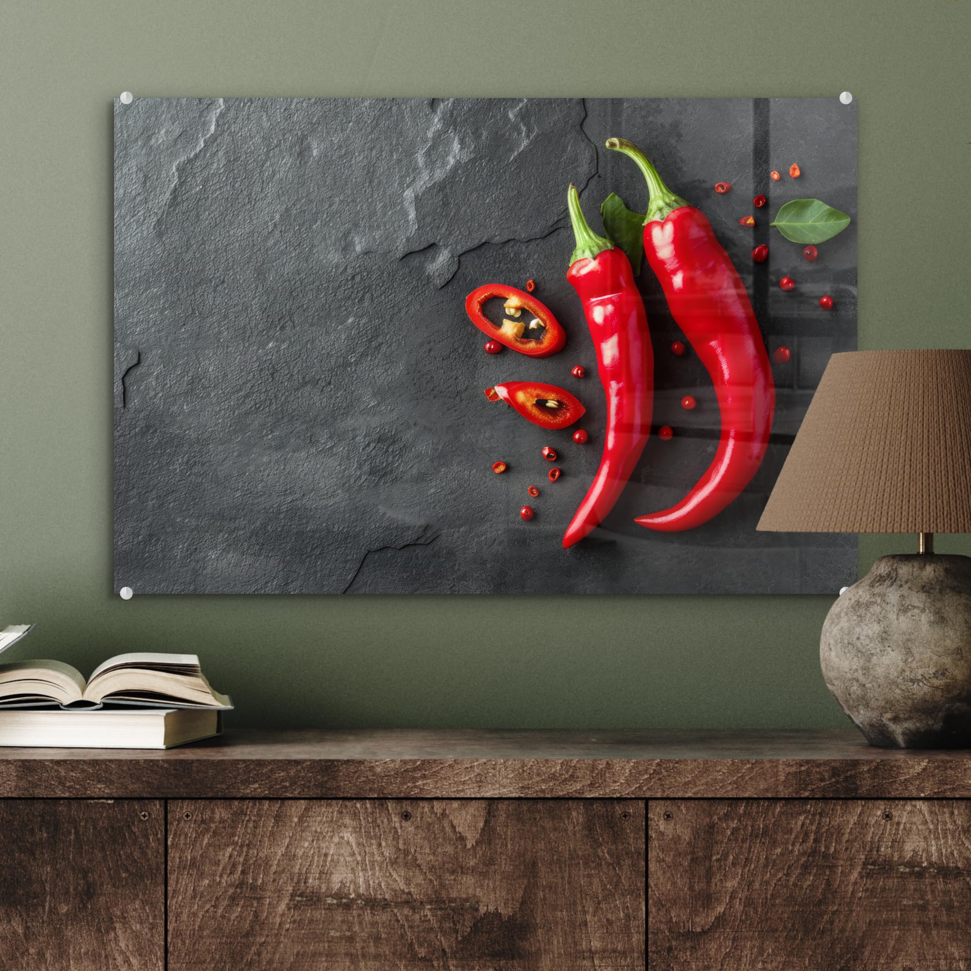 MuchoWow© Wandbilder Glas 60x40 cm Wohnzimmer Wanddeko Schlafzimmer Zimmerdeko Wandgemälde Zimmer Deko auf Wand Dekoration Wall Art Rote Pfeffer - Beton - Paprika - Gemüse
