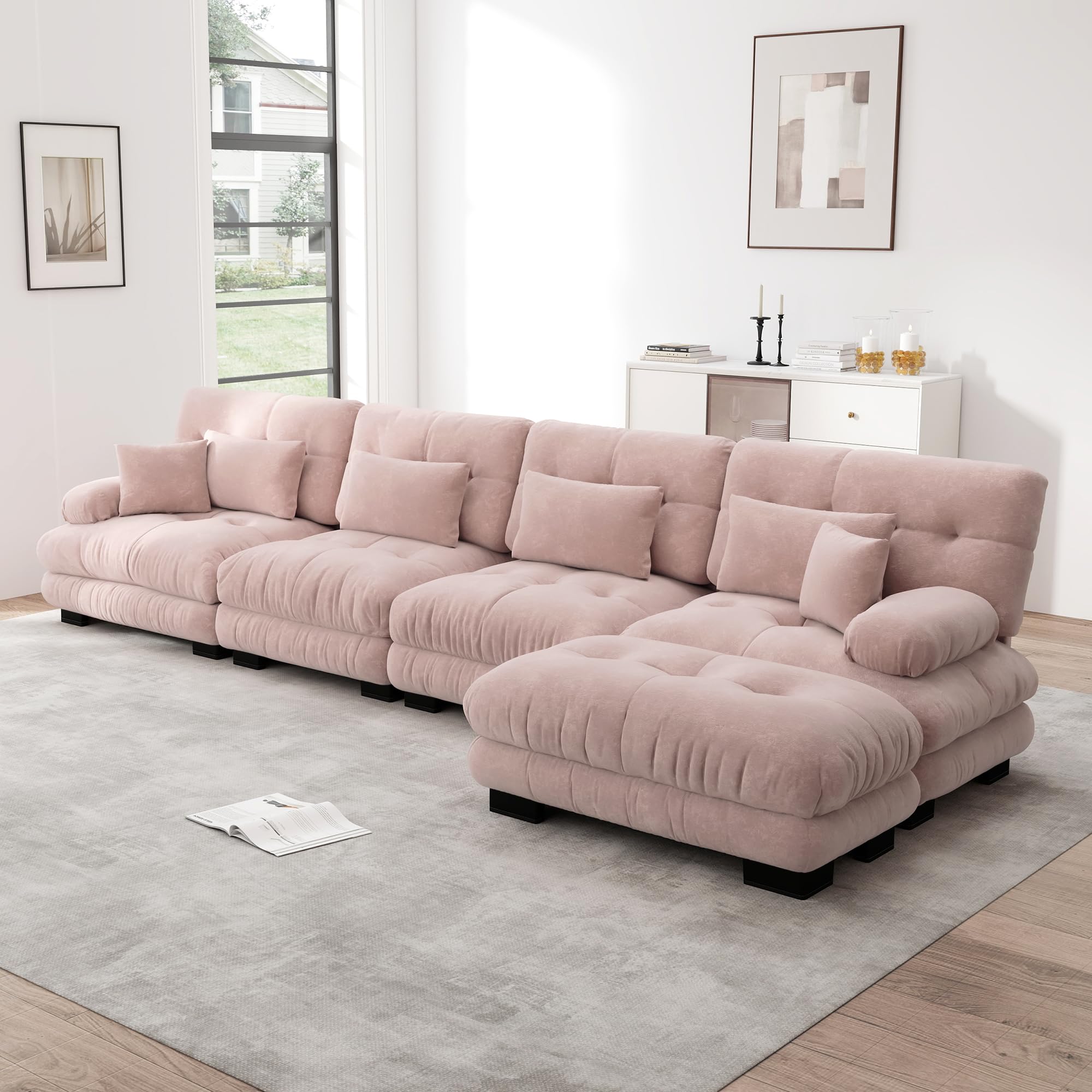 SUKY Sofá esquinero modular en forma de L de 4 plazas, cómodo sofá en la nube, chenilla, otomano móvil, combinación de bricolaje, color rosa