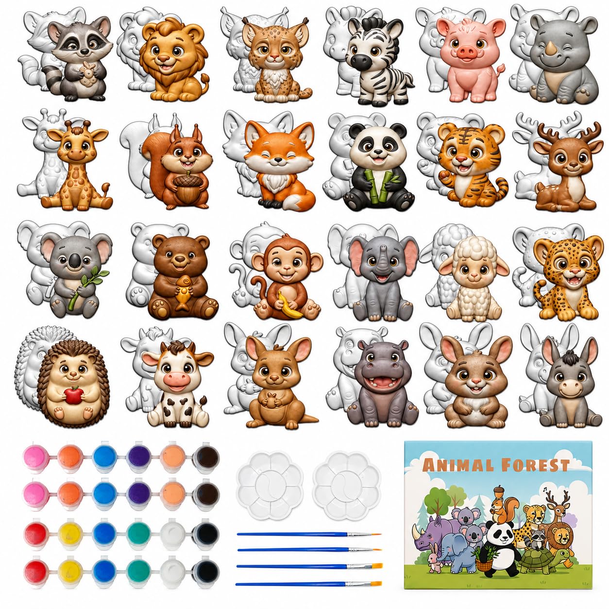Nomumv Kit de pintura de cerámica de bosque de animales, juego de arte y manualidades para niños y adultos, figuras de animales de bisque listas para pintar con pinturas, pinceles y paletas