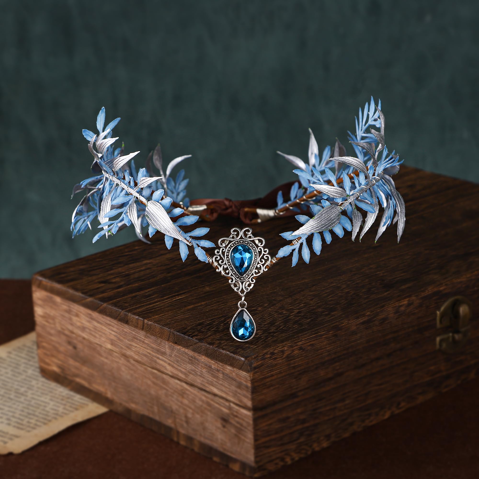 MOSTORY Blue Fairy Flower Crown for Refaire Woodland Elf Floral Headpiece Elven Wreath for Renaissance Women Cosplay Photo Shoot - Image 2