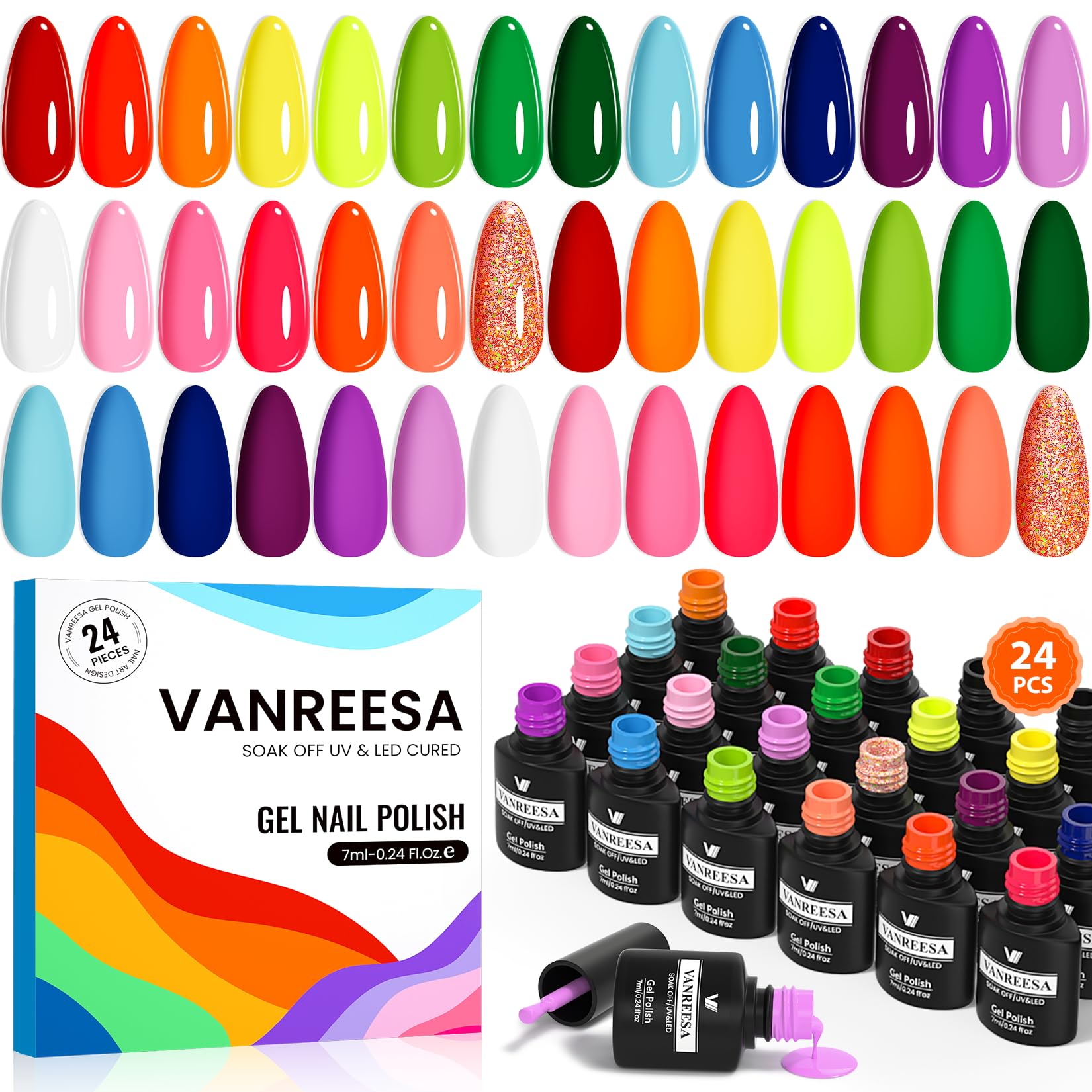 VANREESA 24 Pcs Gel Nail Polish Set, 21 Colors Bright Gel Polish with Base Coat Glossy & Matte Top Coat Red Orange Yellow Green Blue Pink Purple Gel