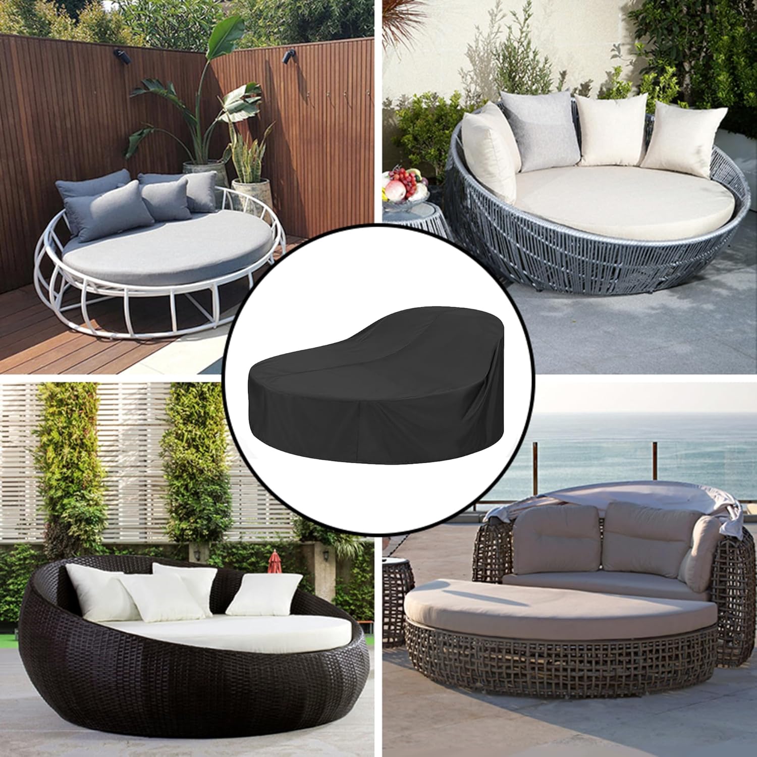Outdoor Round Daybed Cover, 88-Inch Heavy-Duty Waterproof and UV-Protected Patio Cover for Round Daybeds (Black, 88"L x 85"W x 16"/35"H)