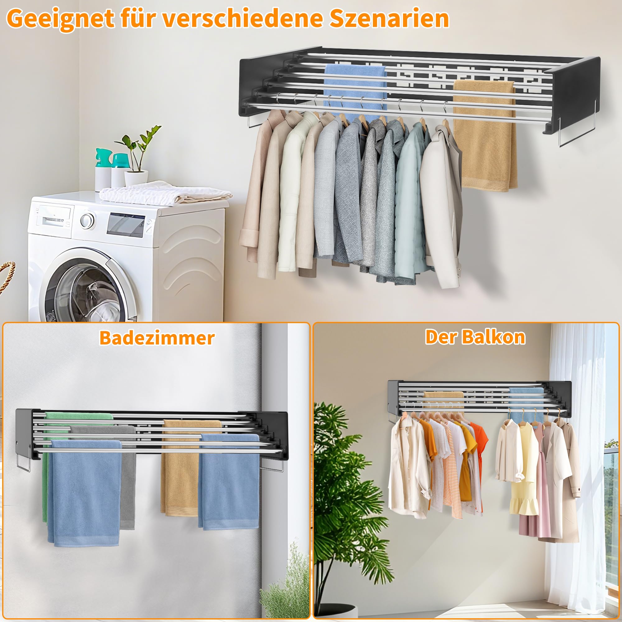 Wäscheständer Wandmontage, 100CM Klappbarer Wandtrockner, Schwarz
