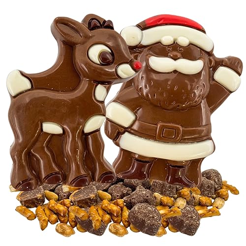 Rudolph - Surtido de chocolate y aperitivos de renos de nariz roja, cacahuetes, dulces de mantequilla de maní y mini pretzels con chocolates sólidos