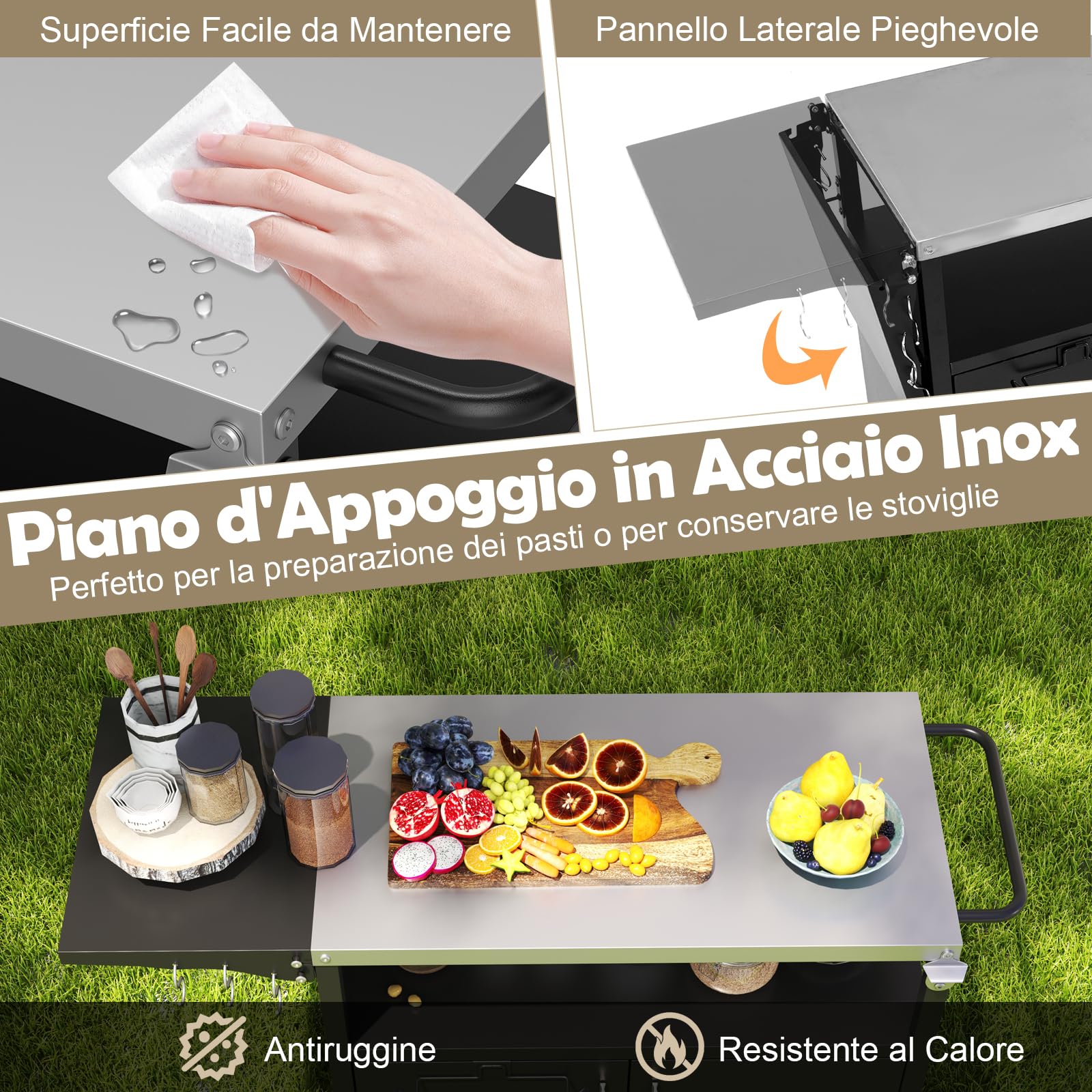 COSTWAY Carrello per Barbecue con 3 Ripiani e 2 Ante, Carrello da Cucina in Acciaio Inox e Ruote, Carrello Porta Griglia Multiuso con Tavolo Pieghevole e 6 Ganci, 127 x 50 x 84 cm