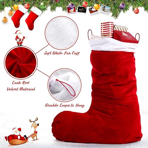 Miniatura 5 de Glimin Calcetín de Navidad de Papá Noel de terciopelo rojo de 60 pulgadas, tamaño grande, rojo y blanco, calcetín colgante de Navidad con puño de