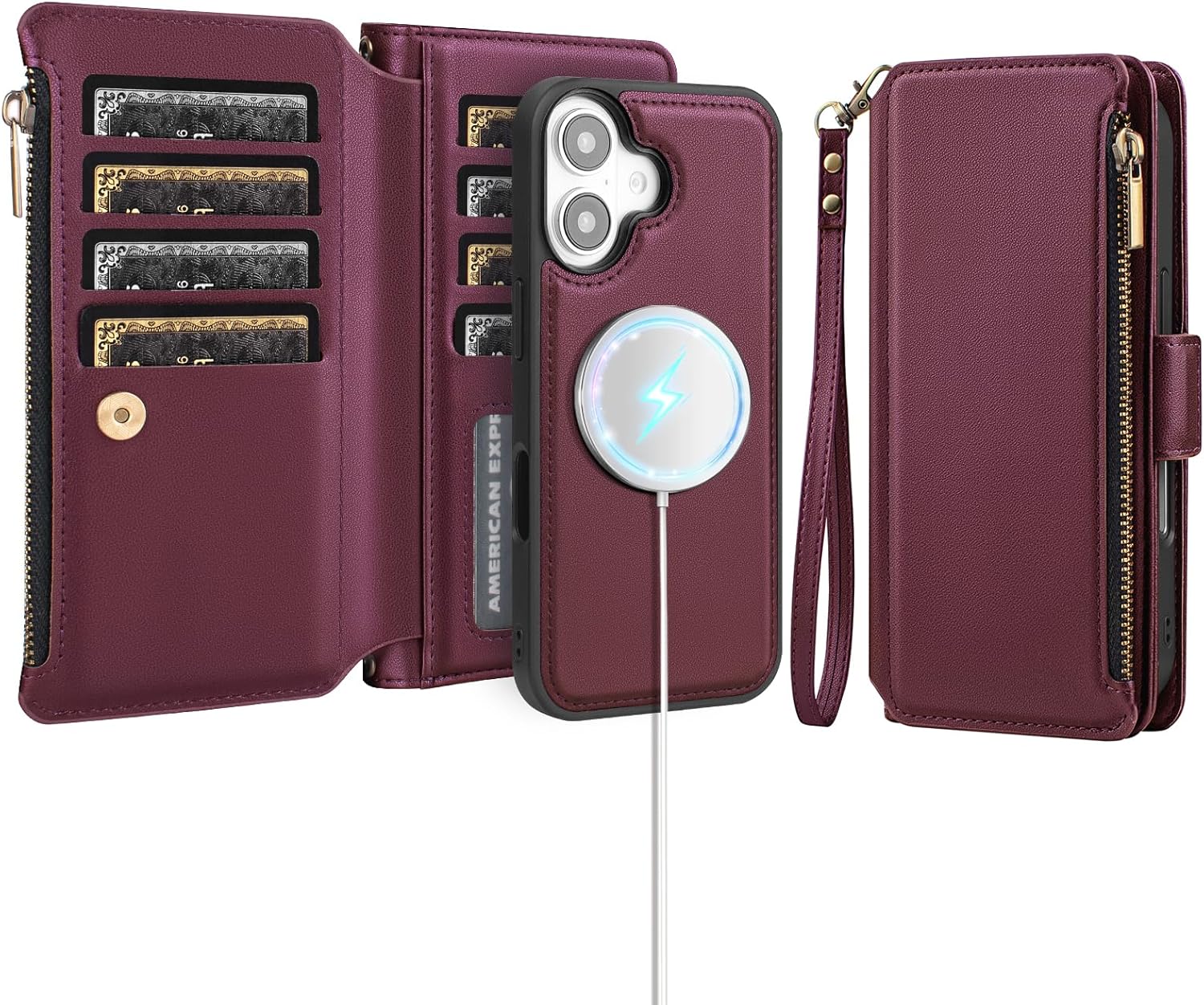 Antsturdy Compatible with Magsafe Magnetic 2 in 1 Detachable iPhone 17 Wallet Case with Credit Card Holder Slots,PU Leather RFID Blocking Phone Cover Wrist Strap Zipper Women Men,Wine Red
