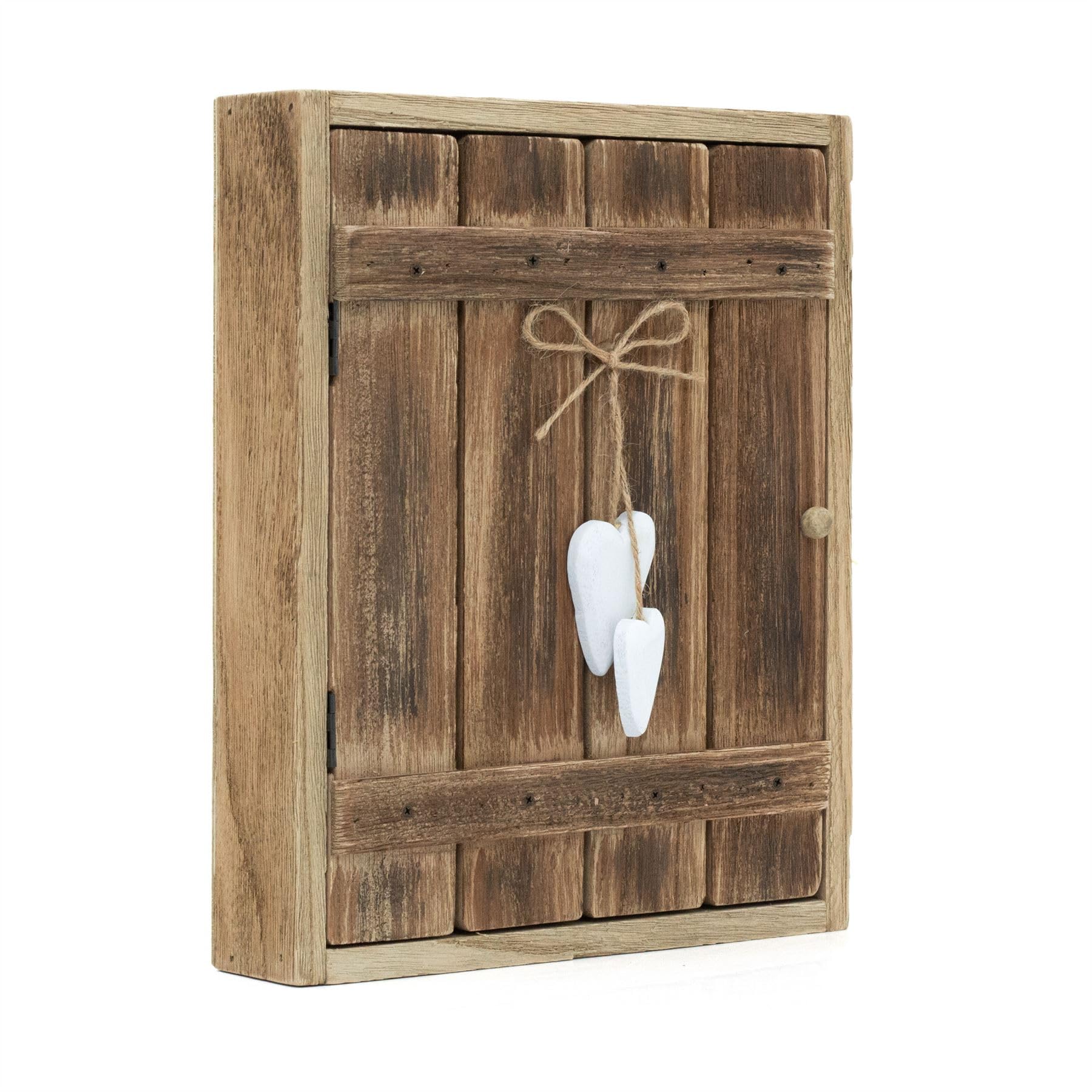 Carousel Home Rustic Wooden Wall Mounted Key Box with Heart Detail | 6 Hooks & Driftwood Look Key Holder Cabinet for Hallway, Kitchen or Office - 24x30cm