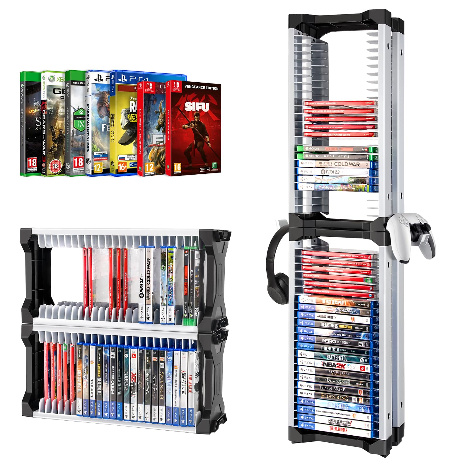 ASFSKY Game Storage Tower - 48 Games Video Game Organizer & Holder with 2 Controller Hooks, Universal Video Game Storage Compatible with PS5/PS4/Xbox/