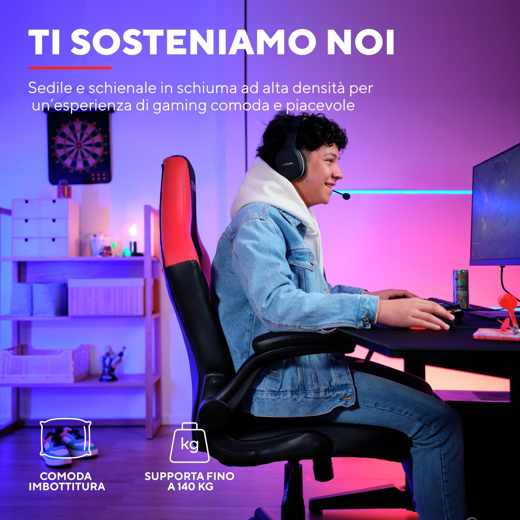 GXTrust 1703 Yezz Sedia Gaming con Braccioli Imbottiti, Regolabile in Altezza, Gas di Classe 4, Sedia da Gaming Inclinabile Fino a 140 kg, Rivestimento in Tessuto, per PC Ufficio Gioco, Rosso