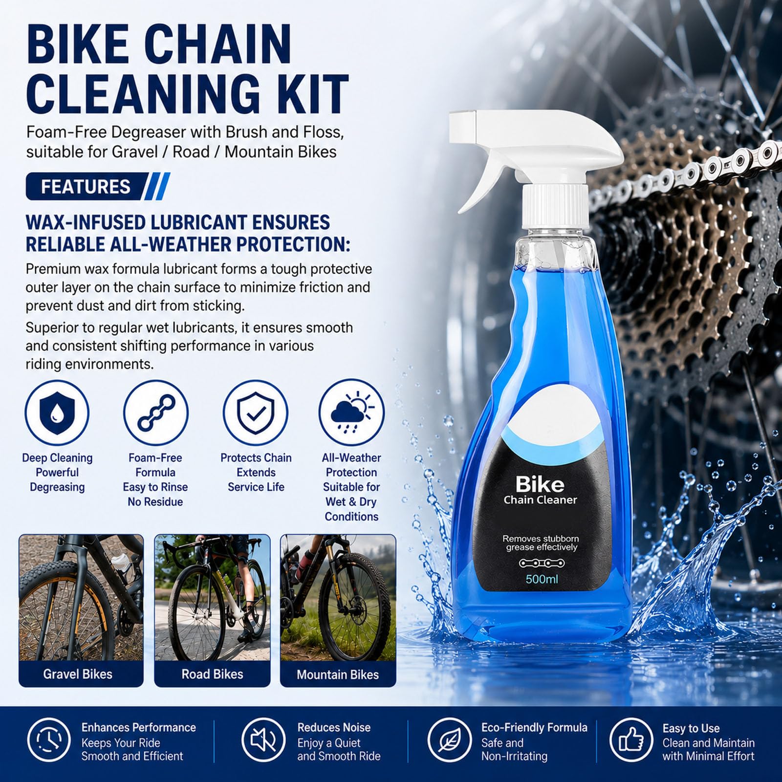 Kit de nettoyage de chaîne de vélo, dégraissant non moussant avec brosse et fil à engrenages pour vélos de gravier/route/VTT (2)