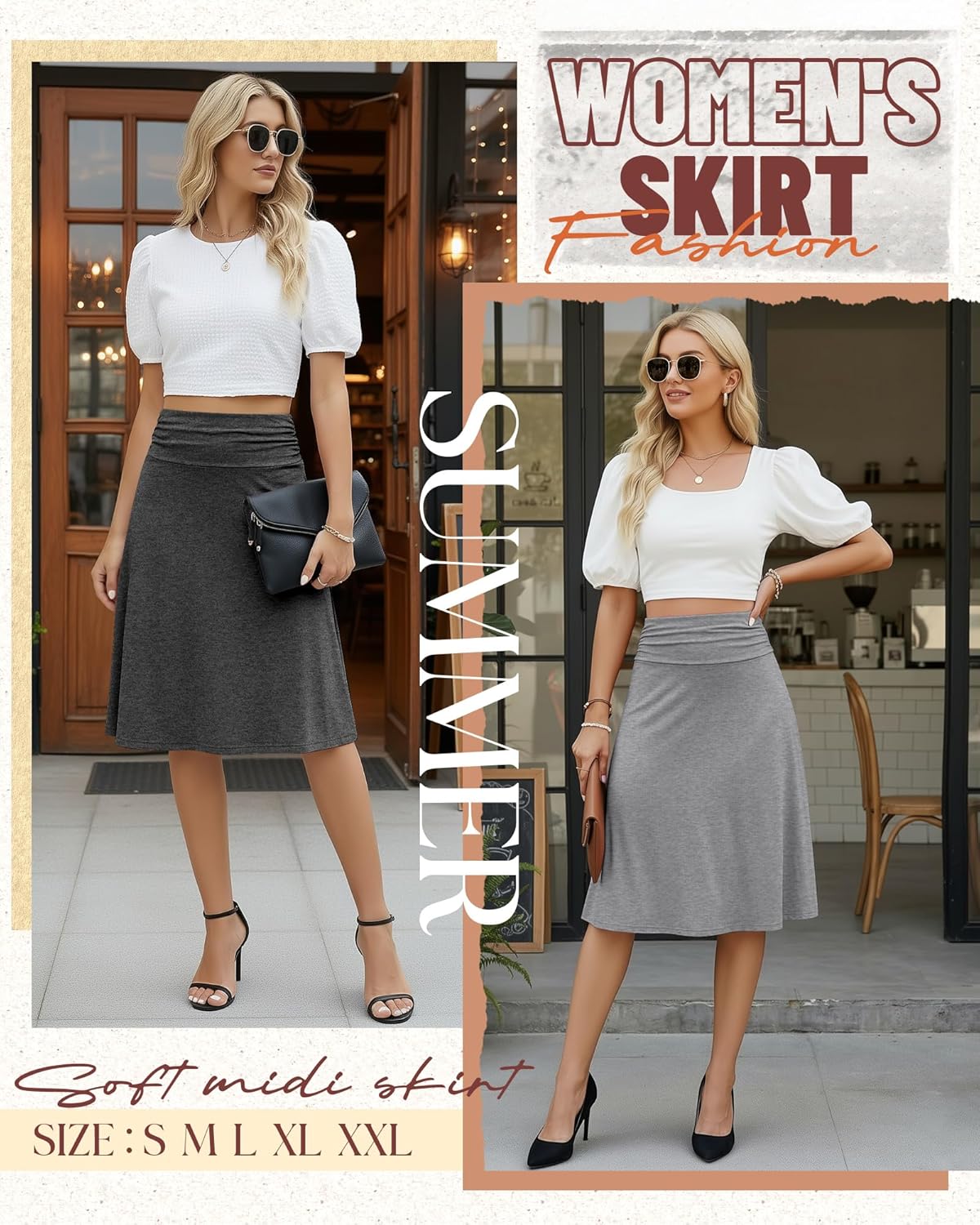 3 Pack Womens Midi Skirts Flowy Lightweight Knee Length Casual Elastic Waist Modest Flared Skirts Trendy Summer - Image 4