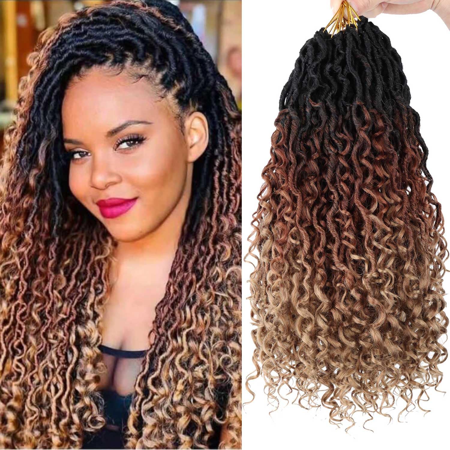 8 Packs Goddess Locs Crochet Hair 14 Inch, Boho Style Locs Pre Looped with Curly Ends, Faux Locs Crochet Hair for Black Women 1B/30/27