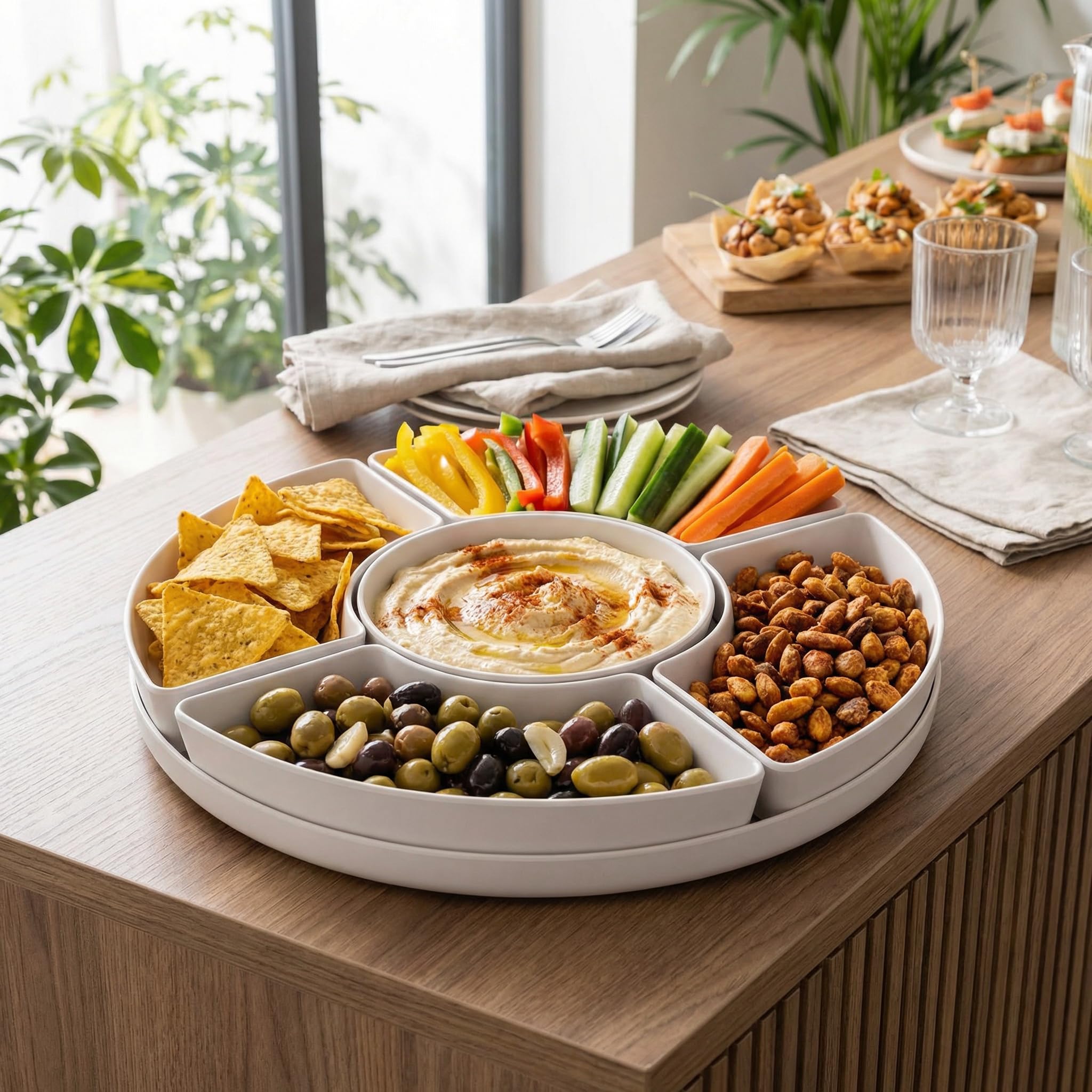 MIJOMA Servierplatte rund – 6 teiliges Schalen System mit Dipmulde – Snack und Dip Set für Tisch und Buffet – Weiß mit mattem Finish Küche, Haushalt & Wohnen