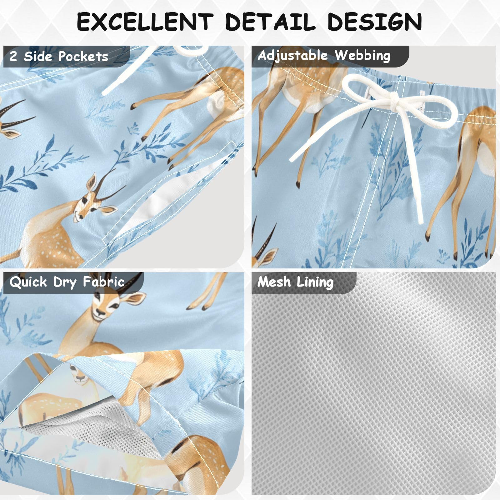 Jucciaco Boys Beach Board Shorts Deer Cartoon Moose Swim Trunk Teen Swimwear Multicolor