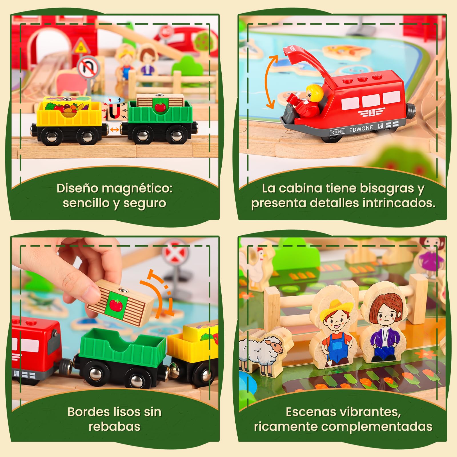 Juego de Tren de Madera, 100 Piezas Tren Madera Juguete, Granja Juguete Donde se Puede Pescar con Estanque, Granja, Animalitos Cumpleaños y Navidad para 4 5 6 7 8 Niños