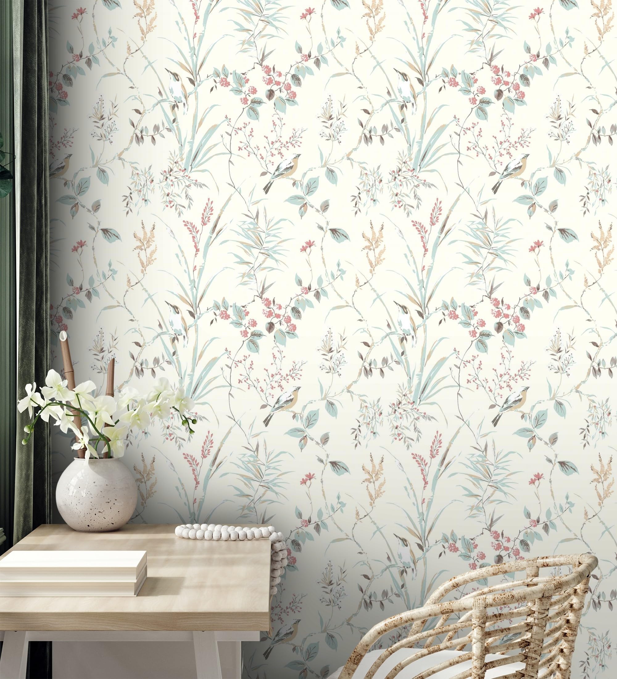 GAULAN 681950 - Papel pintado de ramas flores y pájaros estilo romántico para pared salón dormitorio pasillo comedor - Rollo de 10 m x 0,53 m