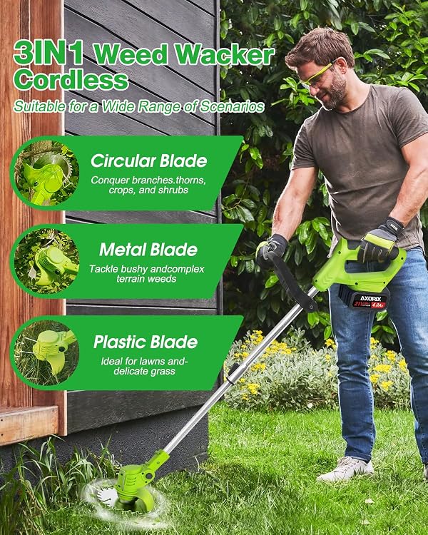 Electric Weed Wacker Cordless, with 2Pcs 4000mAh Batteries, 21V Cordless Brush Cutter, Lightweight Weed Cordless Eater Battery Powered, Stringless Grass Trimmer, 3 Types Blades (Green) by AXORIX - Image 3