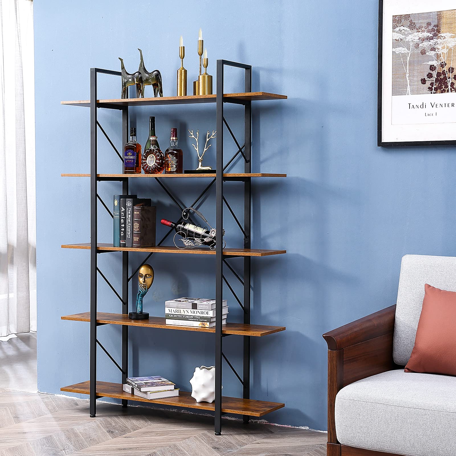 Buy 5 Tier Bookshelf, Industrial Etagere Bookcase with Extra