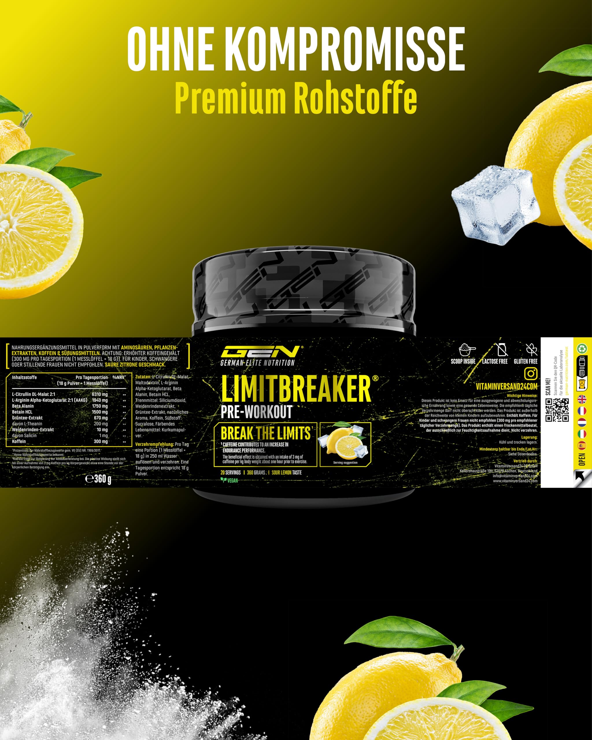 GEN GERMAN ELITE NUTRITION LIMITBREAKER® Pre Workout Booster - 360 g | 300 mg Koffein, mit L-Citrullin, AAKG, Beta Alanin & L-Theanin, hochdisiert, 20 Portionen, Saurer Zitronen Geschmack