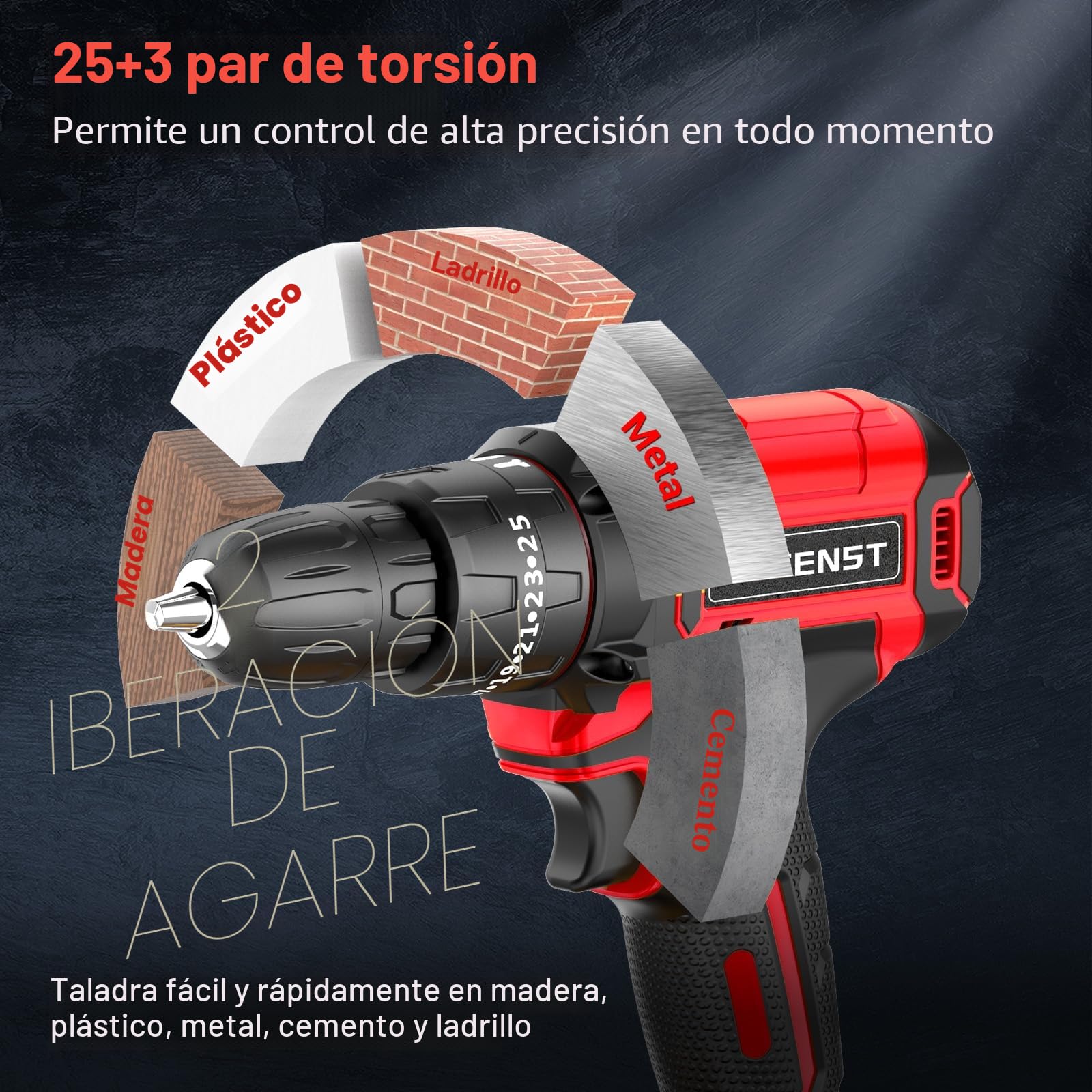 BETENST Taladro Percutor a Bateria 21V, Taladro Atornillador Bateria 42Nm con Baterías 2.0Ah, 25+3 Ajuste de Par Destornillador Electrico, 23 Accesorios, Portabrocas de 10mm Para Hogar, Bricolaje