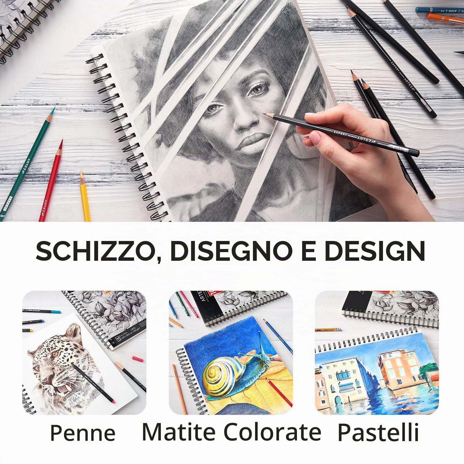 Arteza Album Disegno Spiralato Sketchbook A5 (14.8 x 21 cm), Set di 2, 100 gsm, 100 Fogli Senza Acidi, Grana Fine, Ideali per Tutte le Tecniche a Secco, Da Pratica e da Studio