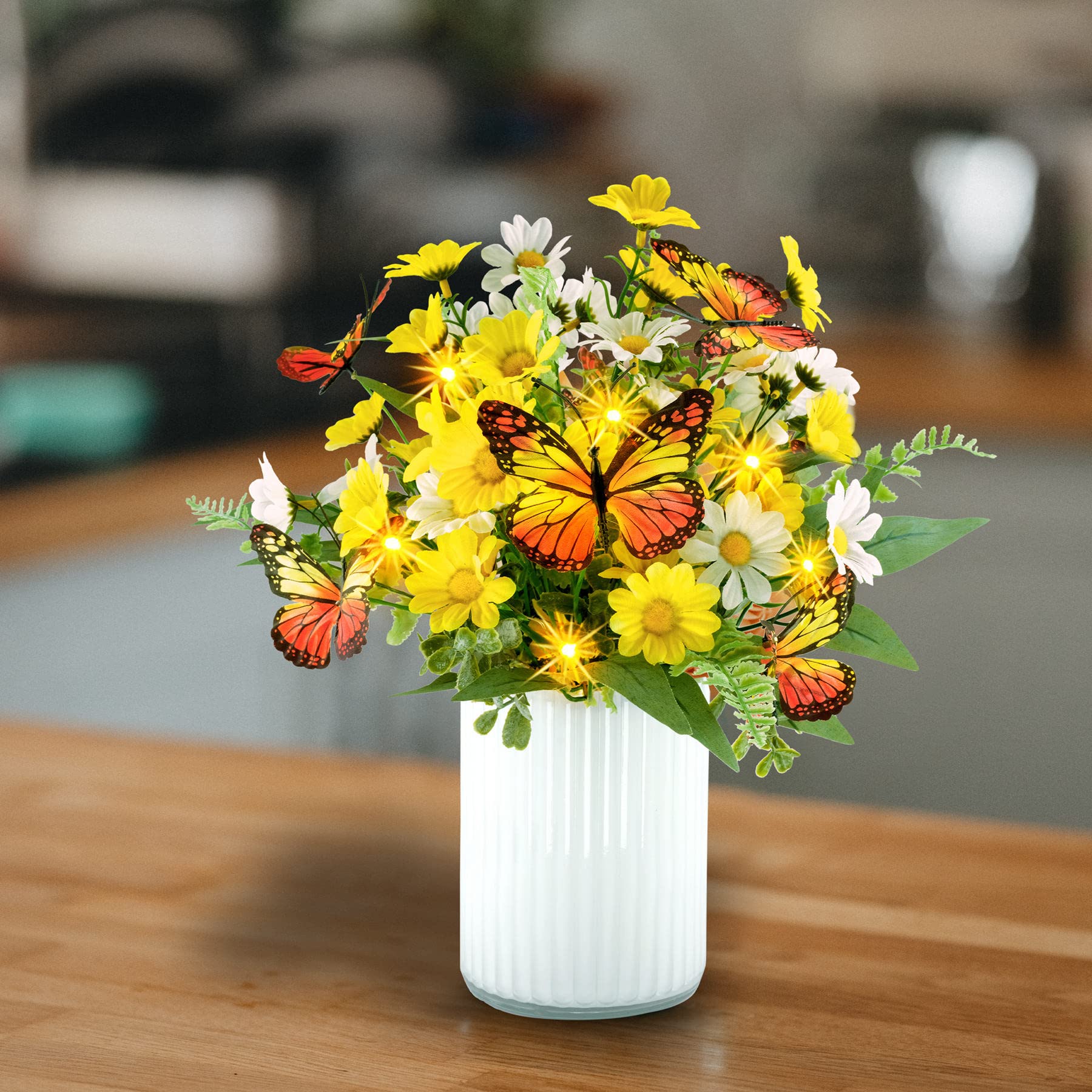 HOSY Kunstblumen in Glasvase mit Lichterkette (Gänseblümchen)