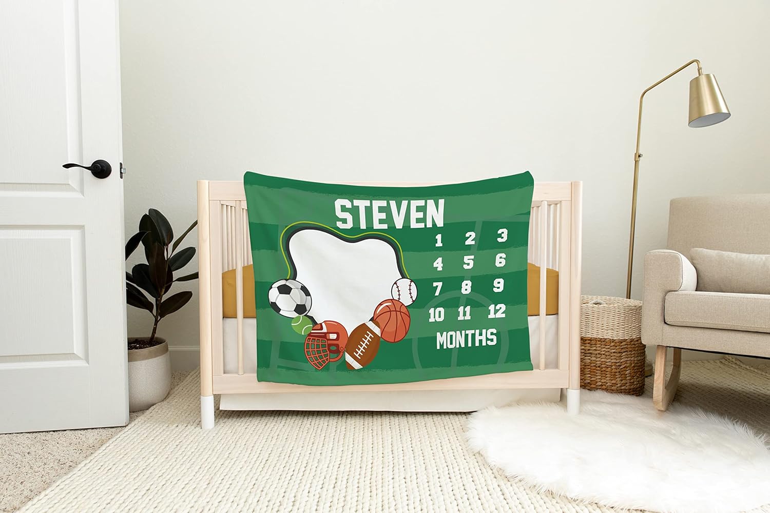 TEEAMORE Custom Baby Monthly Milestone Throw Blanket Sports Ball Design Add Your Text Baby Girl Boy Age Photo Reveal Months Shower Blanket (50X60)