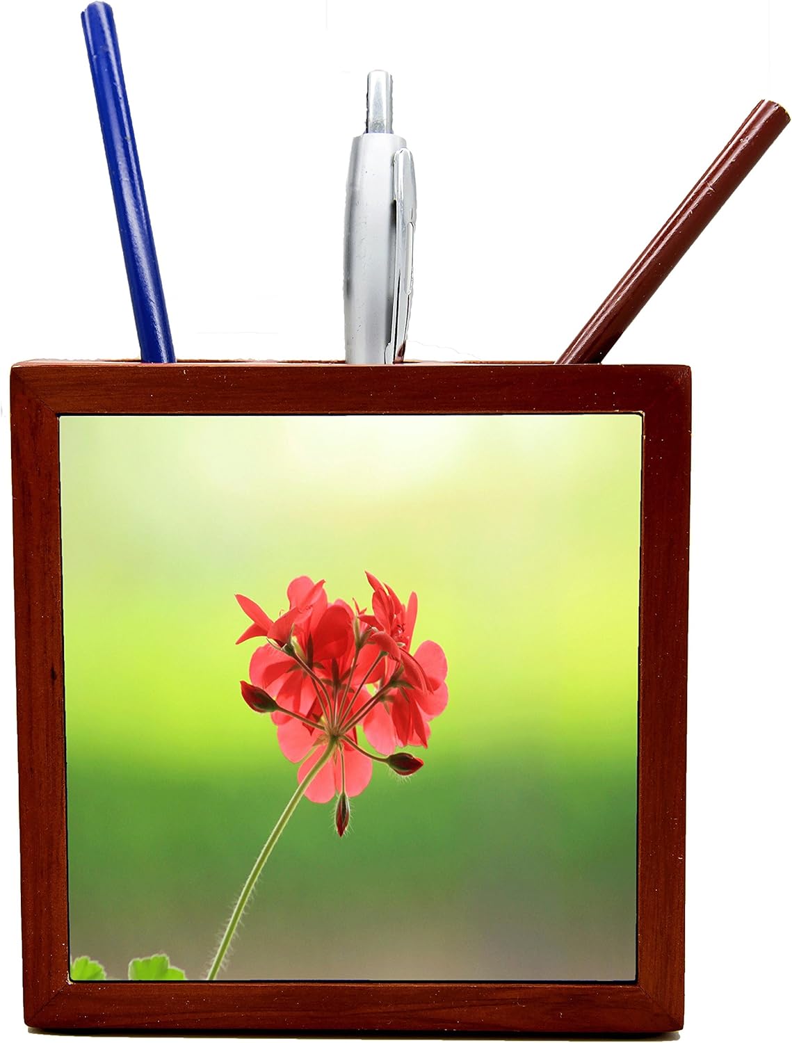 Red flower Tile Wooden Tile Pen Holder Office Products