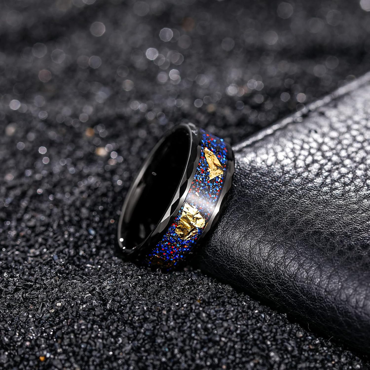 TRUMIUM Mens Wedding Rings 8mm Galaxy Opal and Meteorite Inlay Black Tungsten Carbide Ring Engagement Band Beveled Edges Comfort Fit Size 6-13 - Image 3
