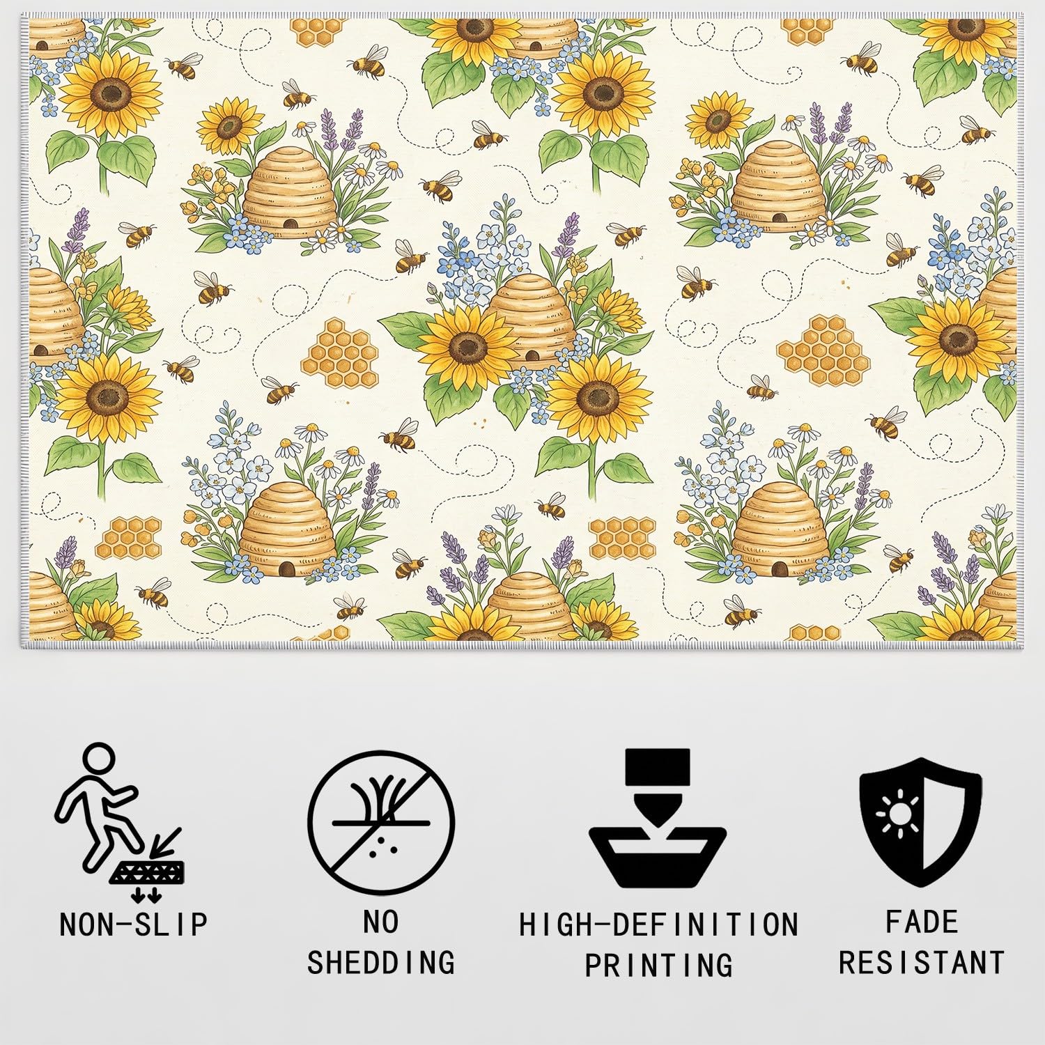 Generisch Waschbarer Wohnzimmerteppich, Landhaus Biene Niedriger Flor rutschfest Teppich, Landhaus Biene Sonnenblume Teppiche für Wohnzimmer Schlafzimmer Kinderzimer 80 x 120 cm Beige