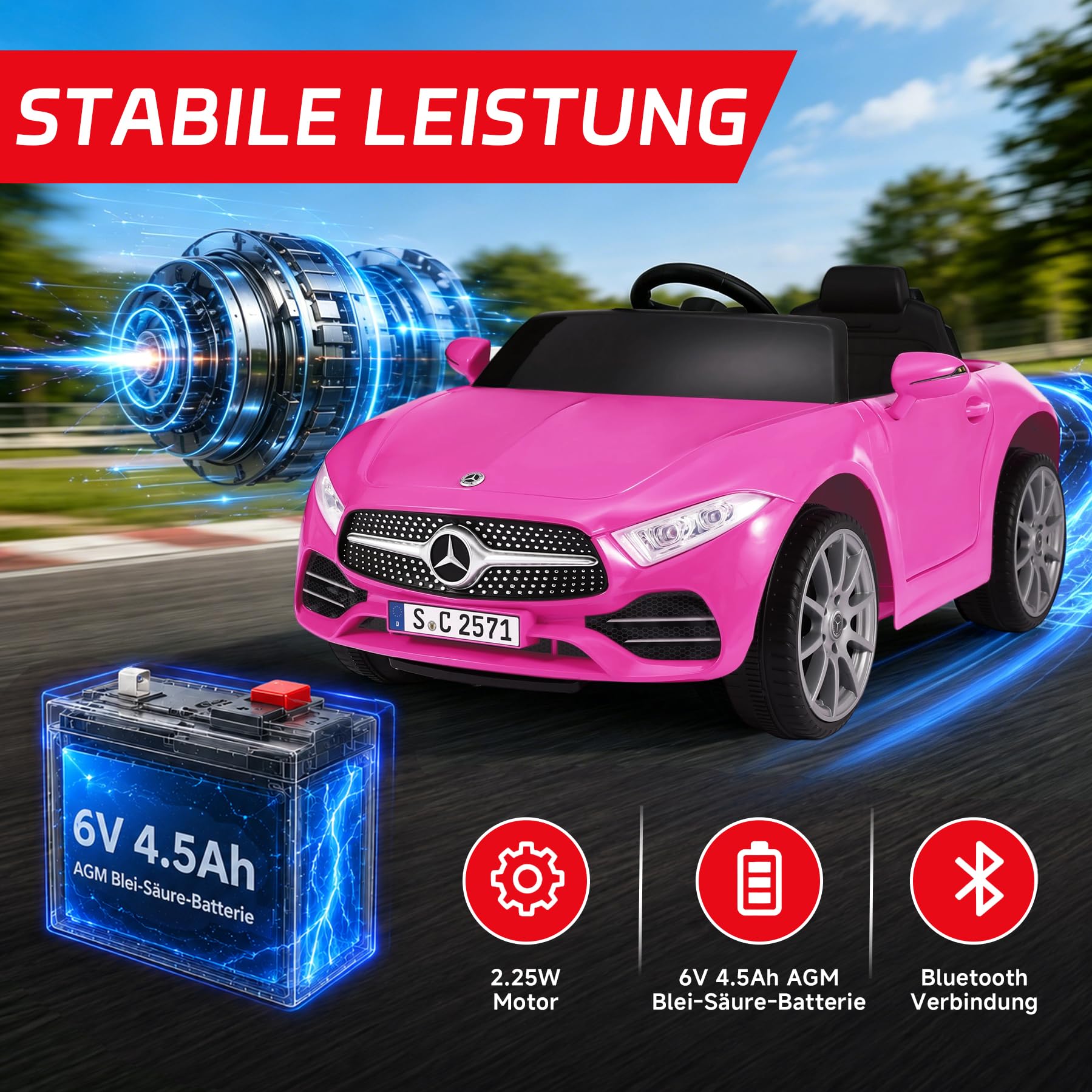 ORYXEARTH Kinder Elektroauto, 6V Kinder Elektroauto Kinderfahrzeug mit 2.4G-Fernbedienung, Hupe, Bluetooth-Musik, USB und AGM Blei-Säure-Batterie, 25W Motoren, 2-5km/h für Kinder 3-6 Jahre，Rose