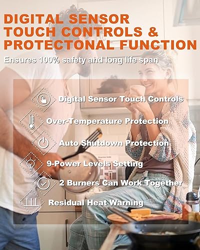 Miniatura 6 de Estufa de inducción de 12 pulgadas, 2 quemadores, 1800 W, control táctil, bloqueo de seguridad para niños, 9 niveles de potencia, 99 minutos,