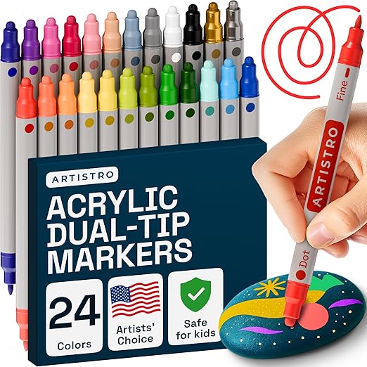 ARTISTRO 24 Dual Tip Acrylic Paint Markers, Acrylic Paint Pens, Fabric Markers for Textile, Rock, Glass, Wood, Paper, Ceramic, Canvas DIY Art Supplies Kit for Kids and Adults (Dual Tip Dot + Fine, 24)