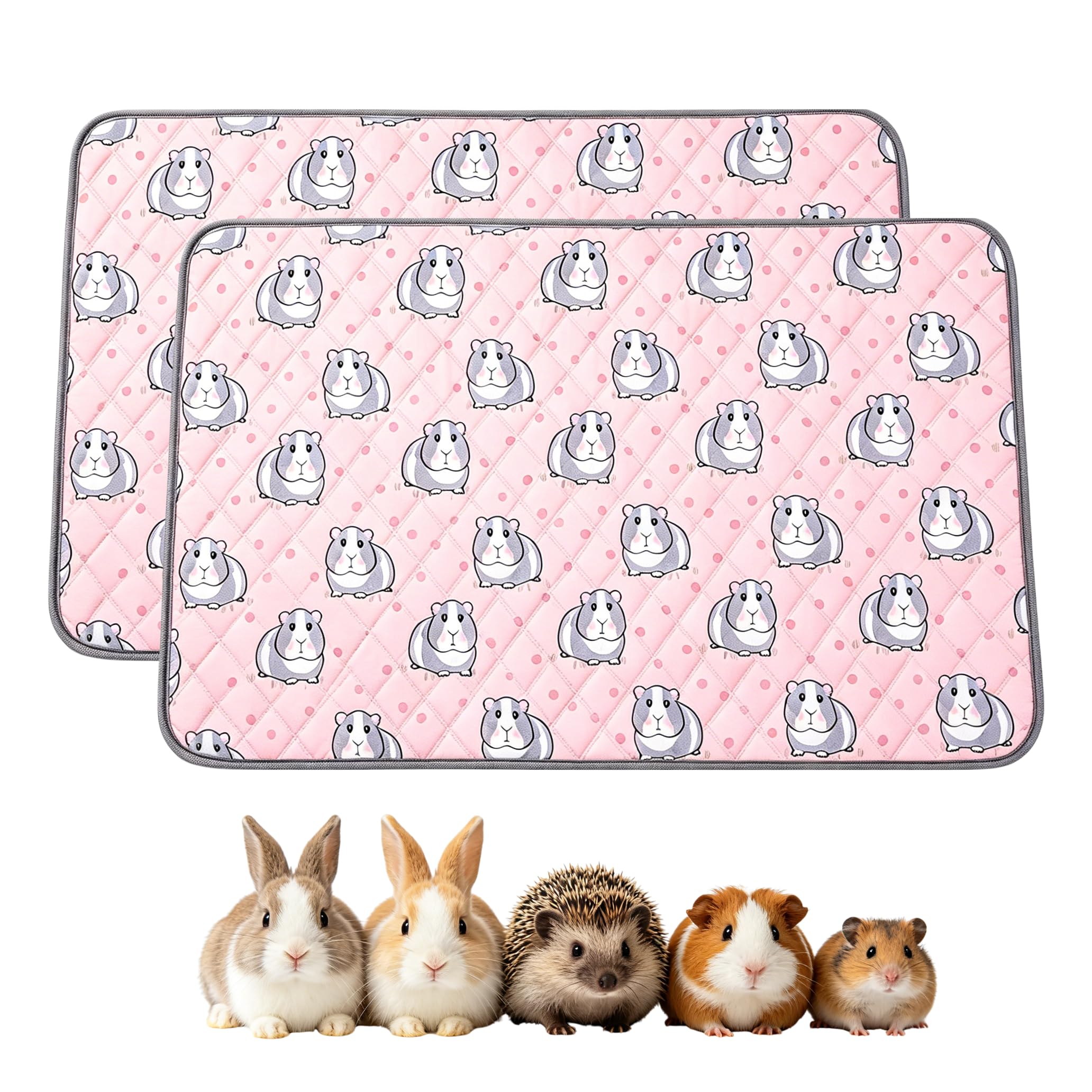 RevpoltIQ 2 Packs Guinea Pig Cage Liner 61x45cm Fast Water Absorption Guinea Pig Mats Washable Reusable Small Animal Pee Pads with Anti-Slip Bottom for Cage Cute Print Rabbit Hamster Bed (Pink)