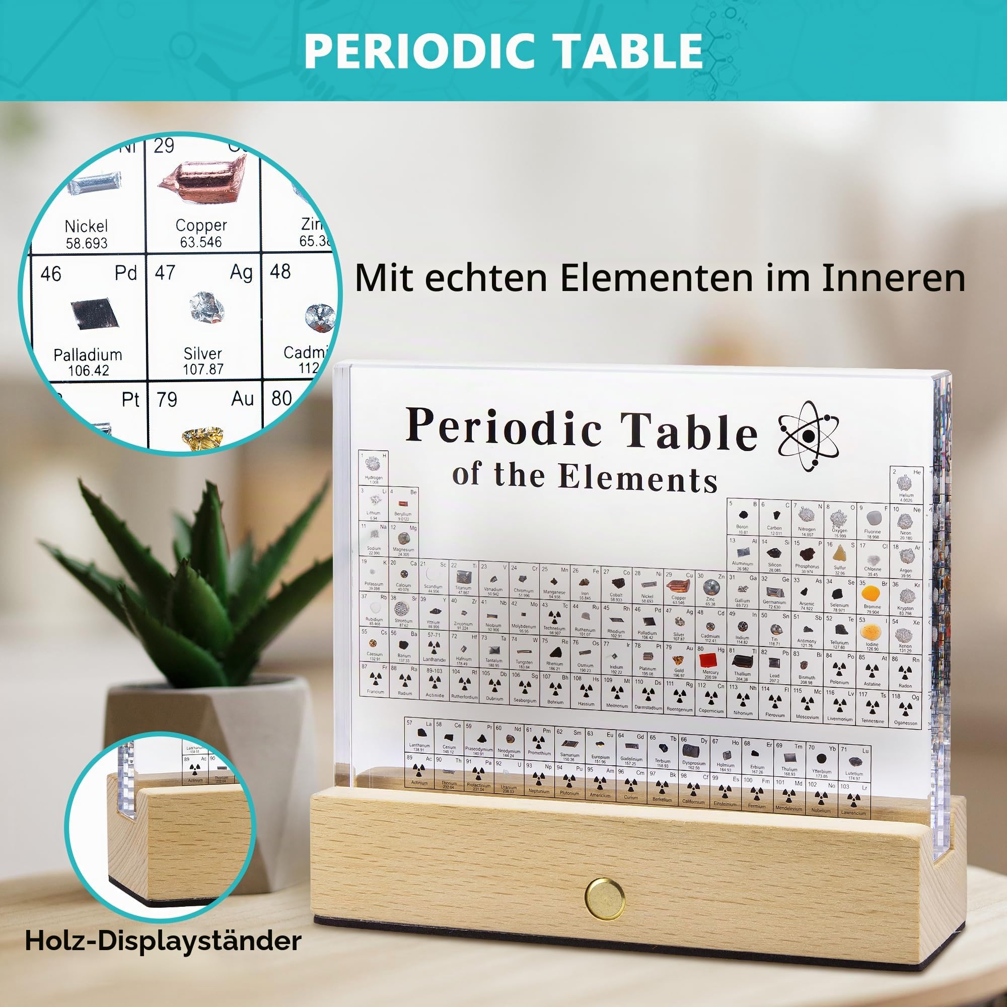 MegaBox Großes Periodensystem mit 83 echten Elementen, Periodensystem-Display aus Acryl mit Holzständer, 6 Chemie-Formel-Referenzkarten, Lehrergeschenk