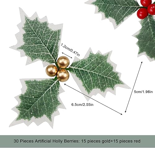 Miniatura 3 de Lorigun 30 bayas artificiales de acebo, bayas falsas con hojas verdes, flores de bayas artificiales para decoración de Navidad, tallos de bayas