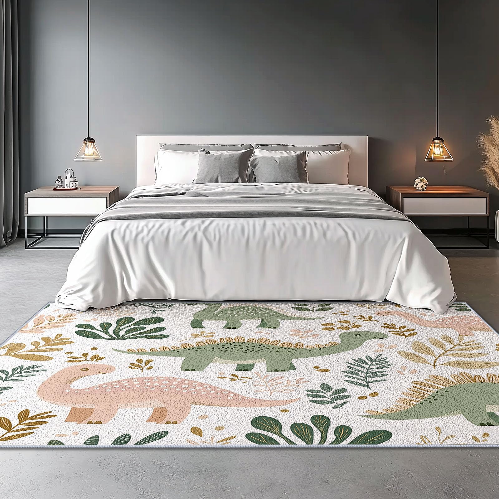 Teppich Bunt Dekor Teppich Kinder Wohnzimmer Teppiche 60 x 120 cm Indoor Bodenmatte Üppiges Laub süß Dinosaurier Kurzfloriger, moderner maschinenwaschbarer Rutschfester Heimteppich