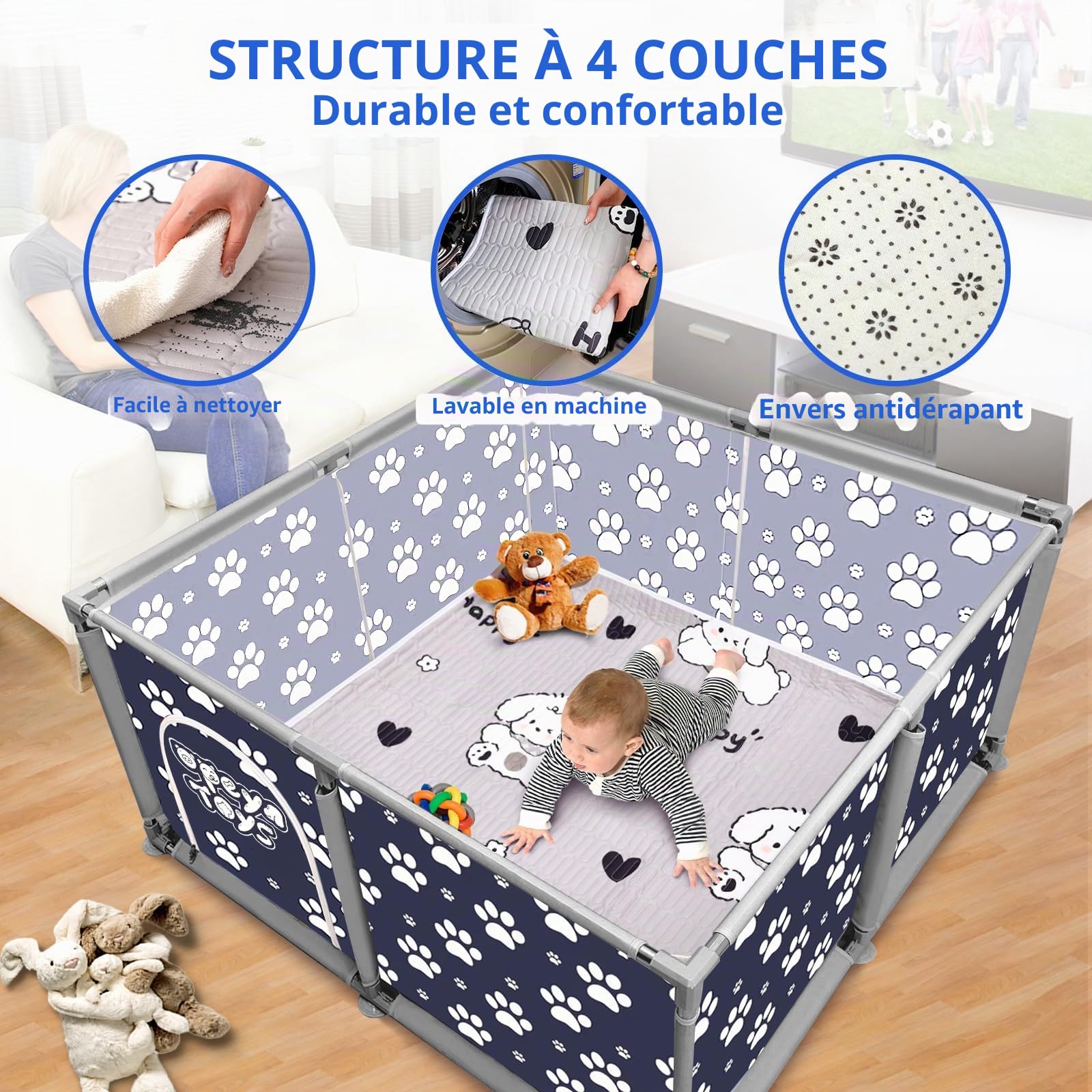 Parc Carré pour Animaux en Acier Inoxydable et Toile Oxford avec Tapis Imperméable Enclos pour Grand Chien Chats Petits Animaux Bleu Sombre