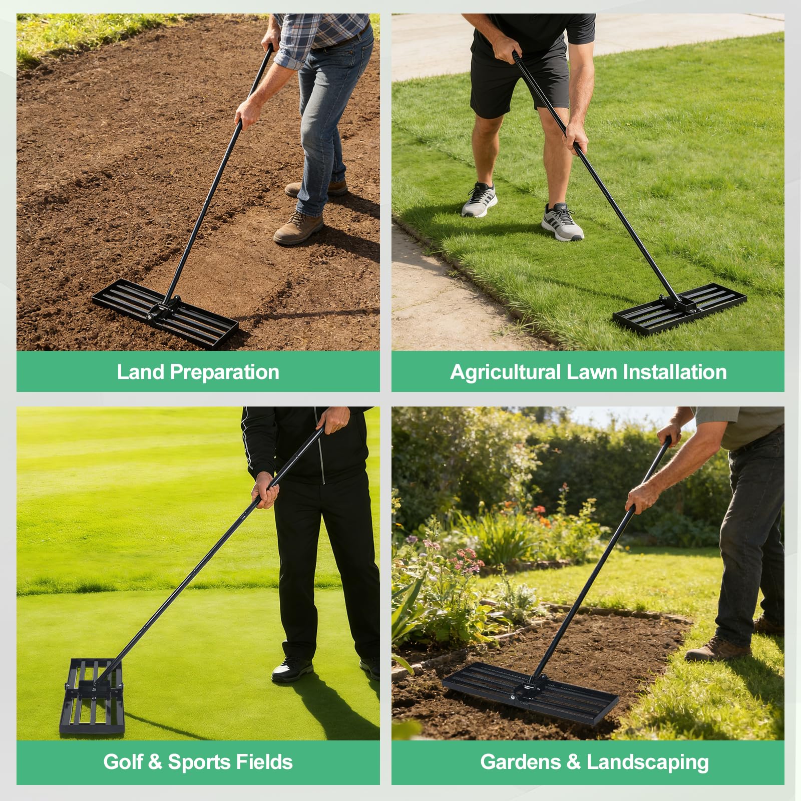 Rastrello 2 in 1 con manico regolabile (81 – 213 cm) e testa pieghevole – Attrezzo da giardino durevole in ferro per livellare terreno, sabbia e terriccio