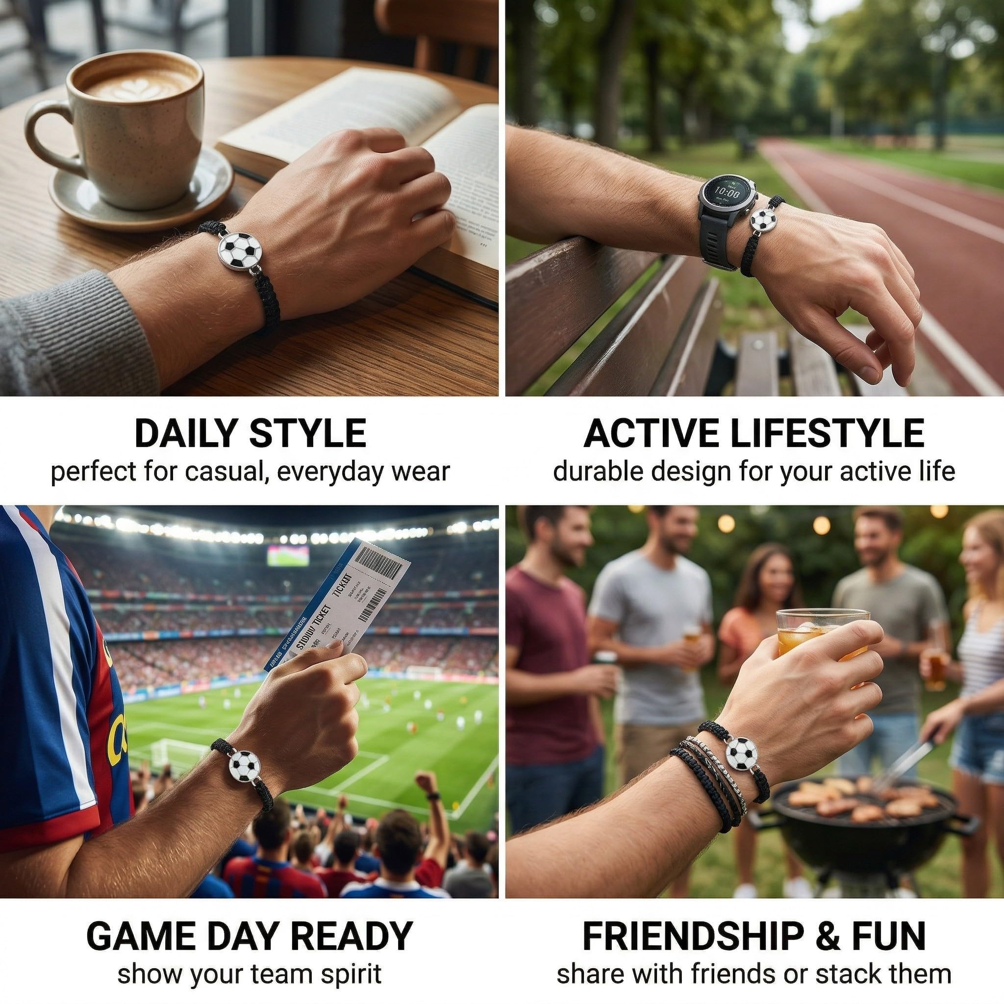 4 Pièces Bracelet Football Enfant et Adulte, Bracelet Tressé Réglable pour Garçon et Fille, Cadeau Anniversaire Foot et Souvenir de Fête Sportive, Accessoire Supporter Football