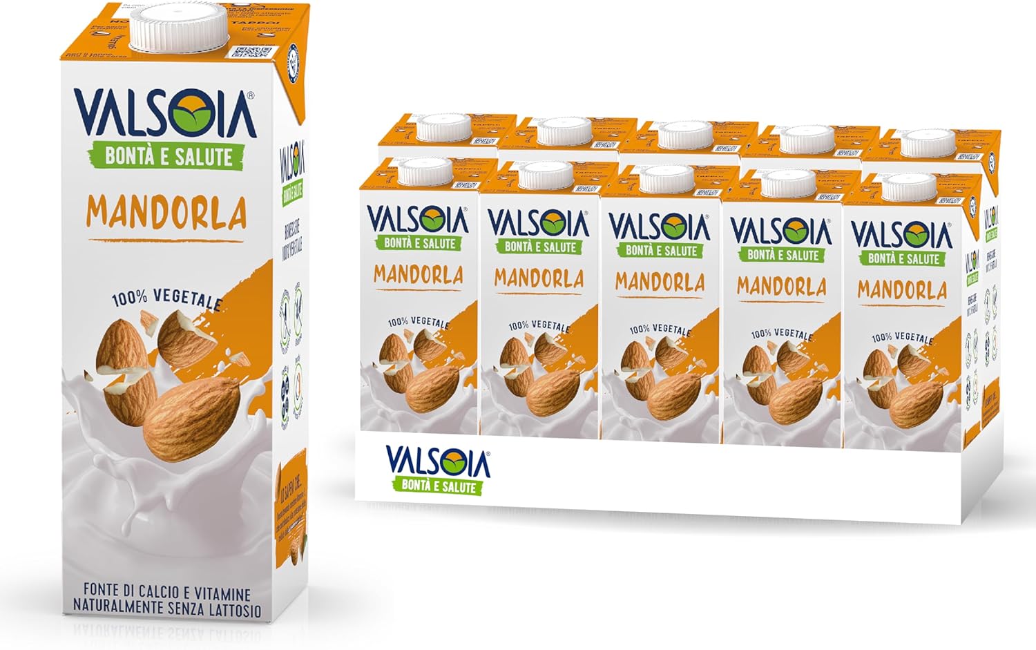 Valsoia - Bevanda Mandorla Drink, Box da 10 Tetra Brik Asettico da 1000 ml, 100% Vegetale, Senza Lattosio e Glutine, con Calcio e Vitamine, Ideale anche per Vegani, Vegetariani e Celiaci MANDORLA DRINK 1 l (Confezione da 10) - Immagine 1