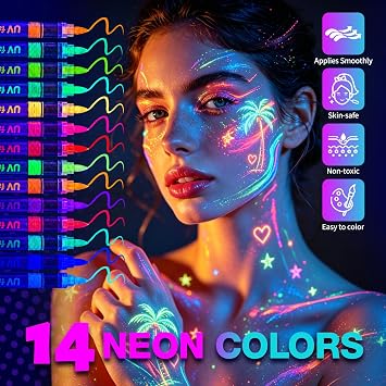 14 Colors Glow in The Dark Body & Face Paint, Neon Face Paint Pens - Washable UV Black Light Markers for Kids Adults Nails, Halloween Festival Party Supplies, Temporary Tattoo Markers for Skin