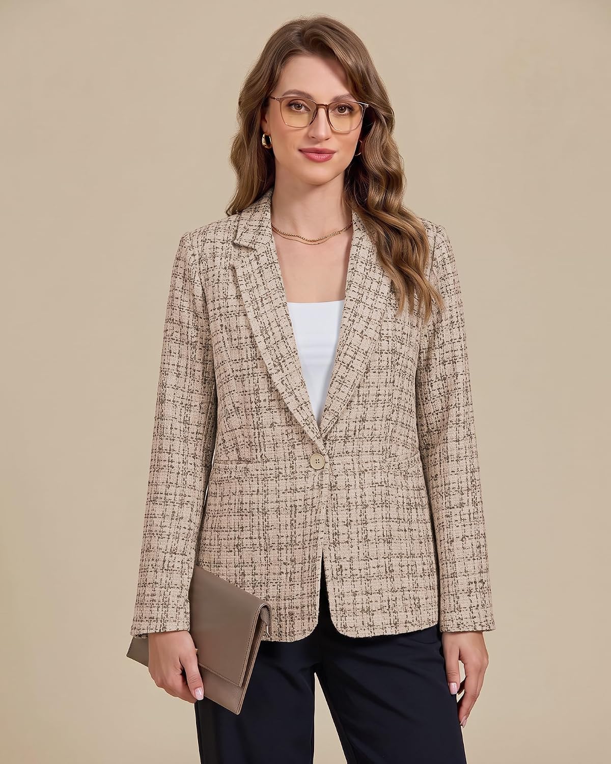 GRAPENT Tweed Blazers for Women Plaid Jacket Long Sleeve Work Casual Blazer