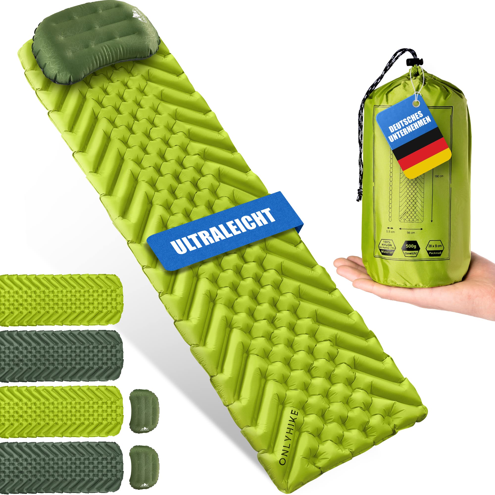 ONLYHIKE® Isomatte Ultraleicht [gratis Camping Kissen] I Outdoor Camping Matratze I rutschfeste Matte mit Schlafkissen für Sommernächte im Freien I Kompakte aufblasbare Schlafmatte I Grün
